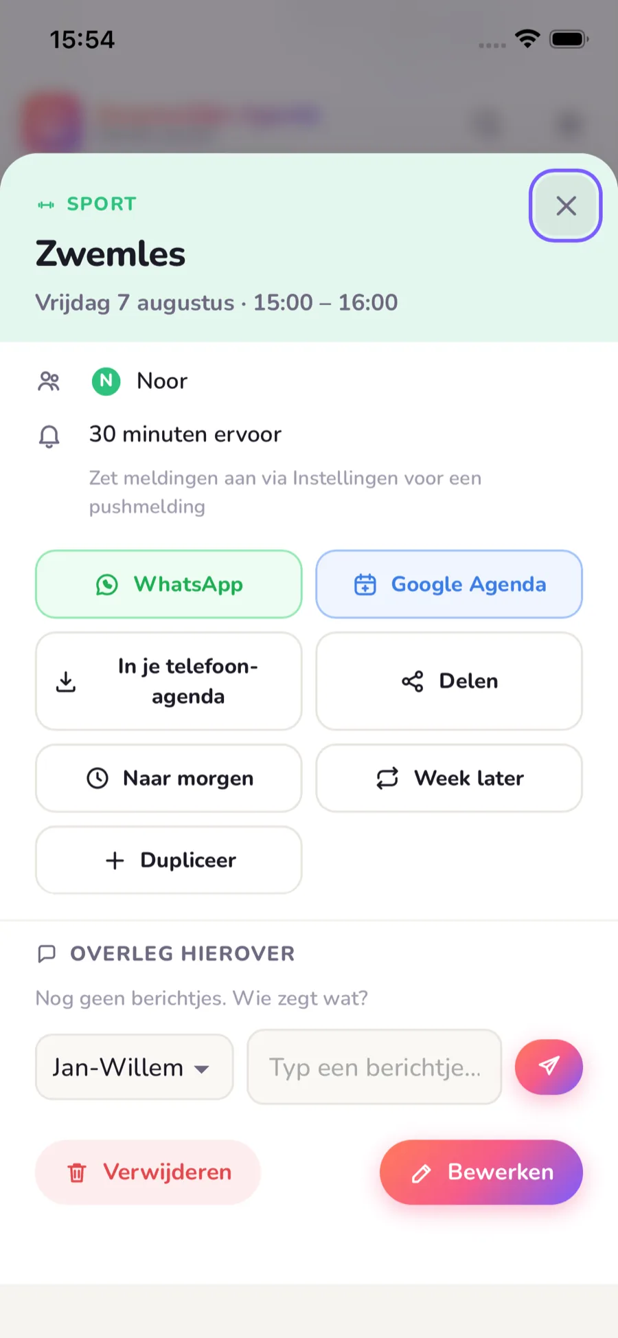 Afspraak in de gedeelde agenda-app met knoppen voor WhatsApp, Google Agenda en je telefoon-agenda