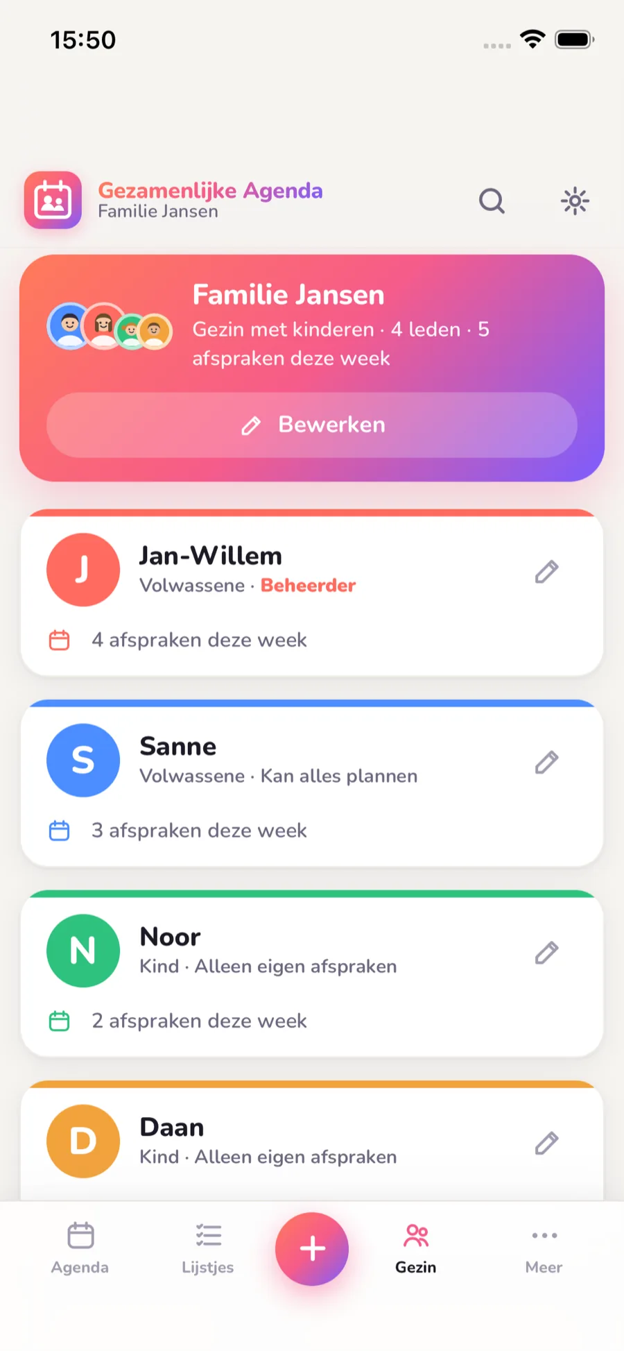 Het gezinsoverzicht van Gezamenlijke Agenda met per gezinslid de rol en rechten