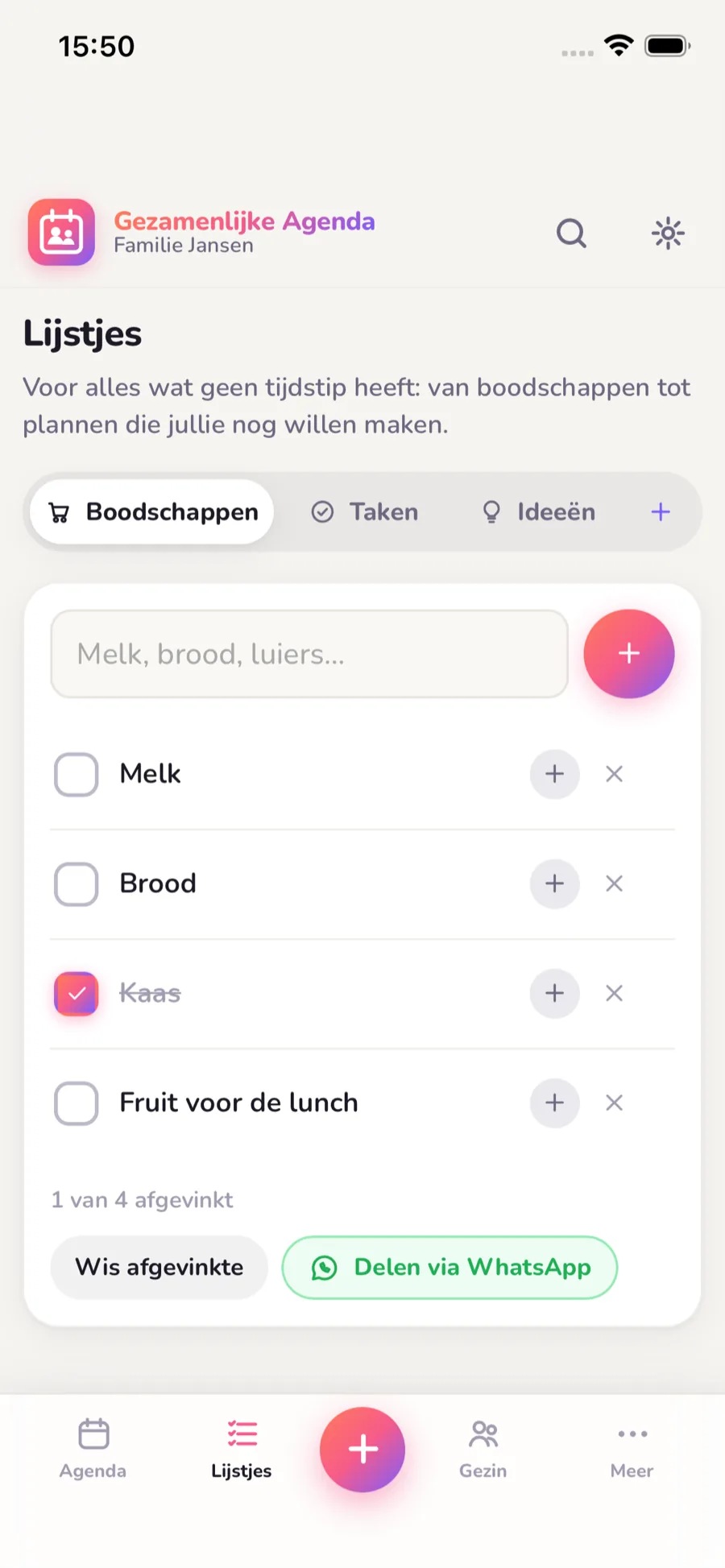 De lijstjes van Gezamenlijke Agenda met boodschappen, taken en eigen lijstjes