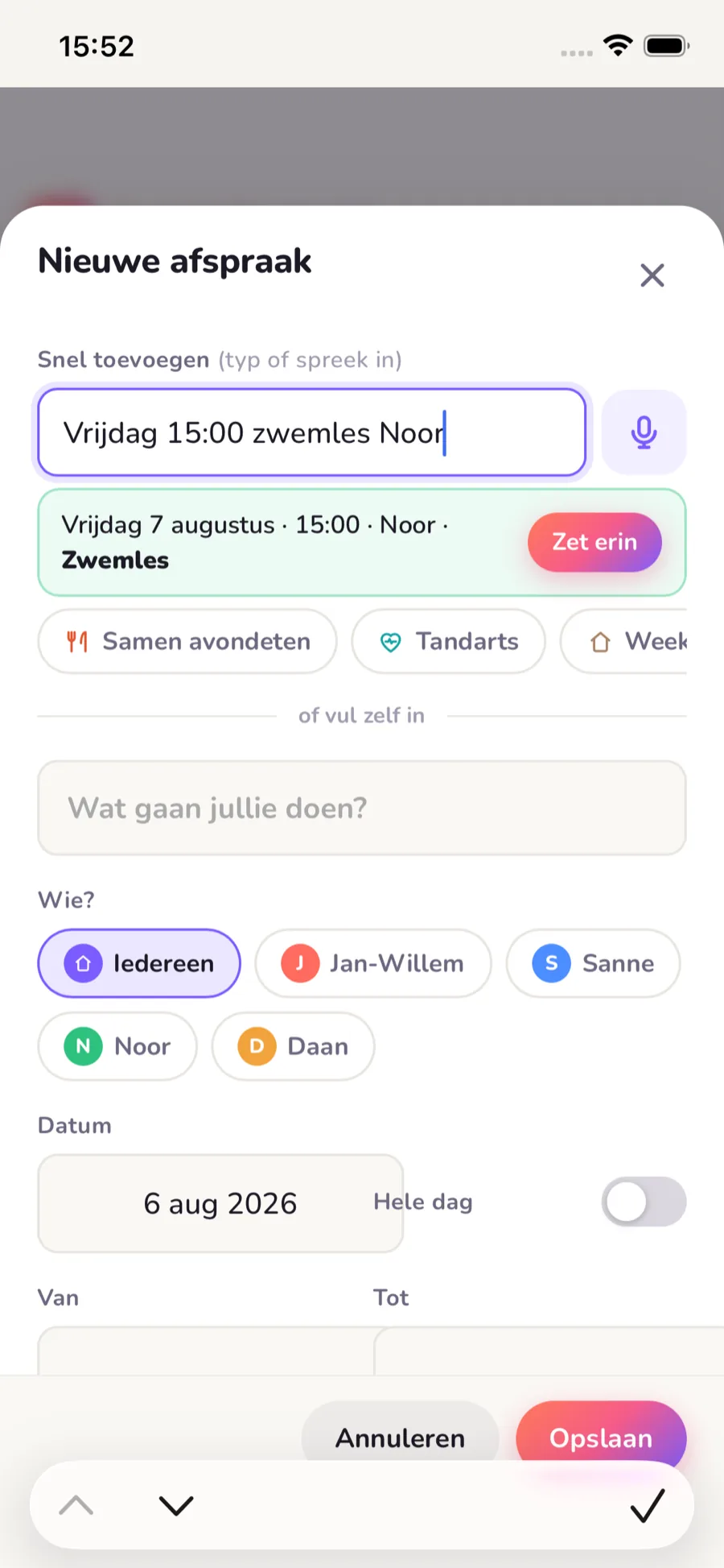 Snel toevoegen in Gezamenlijke Agenda: de zin vrijdag 15:00 zwemles Noor wordt automatisch een afspraak
