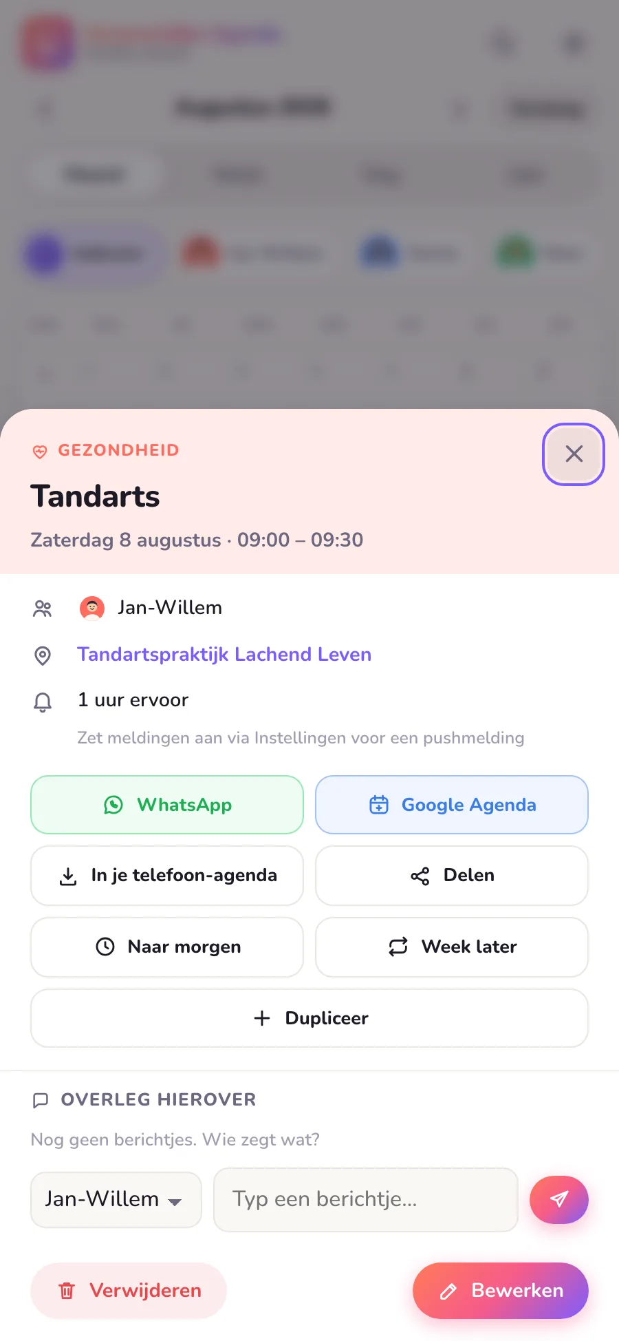 De detailkaart van een afspraak met de knoppen WhatsApp, Google Agenda, Naar morgen en Week later, en onderaan het overleg