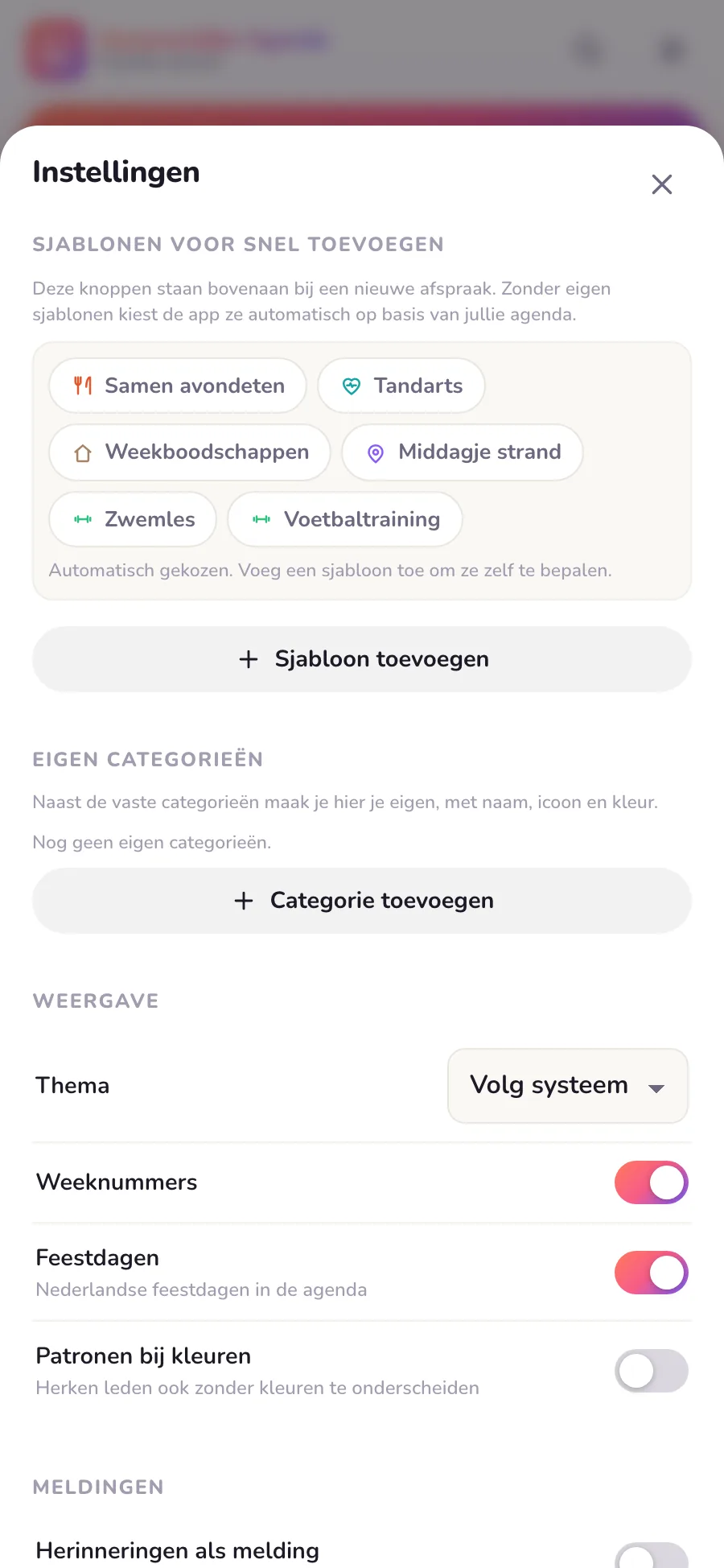 Instellingenscherm van Gezamenlijke Agenda waarin eigen sjabloonknoppen voor snel toevoegen worden bewerkt